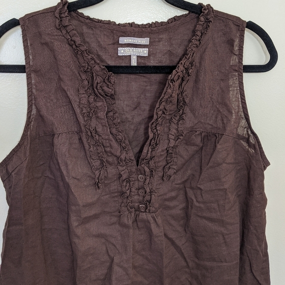 Old Navy Top Women's Plus Brown Ruffle Linen Cotton V-Neck Neutral Boho Size 1X - Picture 6 of 8